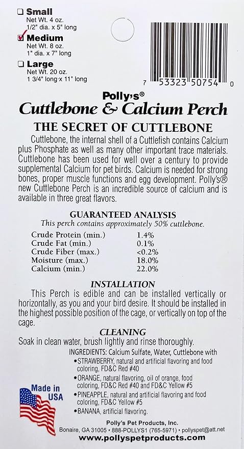 Polly's Edible Cuttlebone Calcium Bird Cage Perch for Budgies, Parakeets, Amazons, Blue & Golds, Macaws and Cockatoos.… (Orange, Medium)