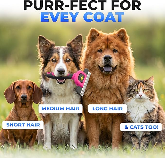 DakPets Stainless Steel Pet Deshedding Tool - Grooming Brush for Cats and Dogs, Removes Trapped Hair, Reduces Shedding by Up to 95%, All Hair Types, Includes Protective Blade Cover, Pink, 4 inches
