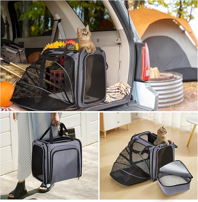 Large Cat Carrier with Litter Box, Expandable Cat Carrier for Car Travel, 17.3"x16.2"x13" Soft-Sided Pet Carrier, Collapsible Pet Carrier for Car Travel with Lockable Zippers for Medium Large Cat