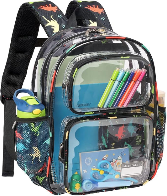 Bagseri Clear Backpack for Boys - 15 Inch Heavy Duty Kids Clear Bookbag for Kindergarten to Grade 2, Transparent School Bag with Reflective Strip, Fits Folders, Black Dinosaur