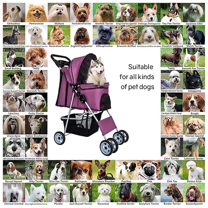 BestPet Pet Stroller Dog Cat Jogger Stroller for Medium Small Dogs Cats Folding Lightweight Travel Stroller with Cup Holder (Purple, 4 Wheels)