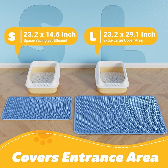 Cat Litter Mat - 30'' x 24'' Large Litter Trapping Mat, Easy to Clean Litter Box Mat, Waterproof, Urine-Proof, Non-Slip Kitty Litter Mats for Floor, Blue