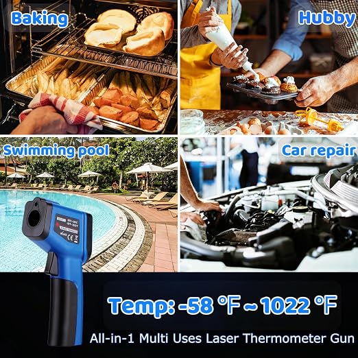 Digital Laser Thermometer for Griddle,Infrared Temperature Gun for Cooking | Larger Font Clear LCD Backlit, -58℉~1022℉ IR Thermometer for Blackstone Pizza Oven Deep Frying, Hard Carrying Case, Blue