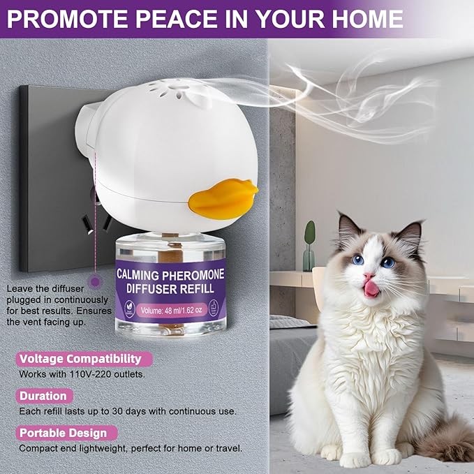 Calming Pheromone Diffuser for Cats Relieves Anxiety and Stress Calming 1 Diffuser for Cats 3 Refills, Reduces Fighting and Scratching Calming Relaxation (1)
