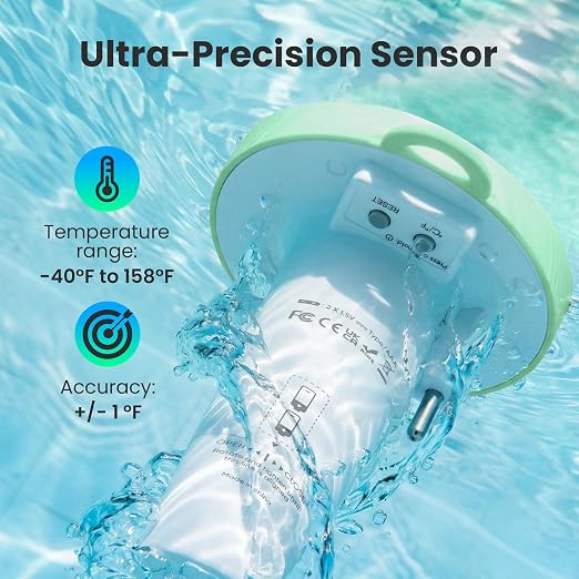 Pool Thermometer Floating, Digital Swimming Pool Thermometer, IPX8 Waterproof with Double Sided Display for Pond, Hot Tub, Aquarium (Green, Battery Powered)