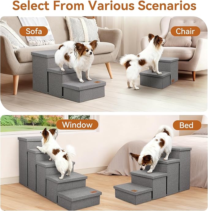 Zerbuger Dog Stairs 15" H, 2-Step Wider Dog Steps for Small/Medium/Large Old Dogs Cats, Folding Sturdy Storage Pet Stairs Climbing Bed Couch, Dog Ramp for Car Hold Up to 150 lbs(Gray, with Condo)