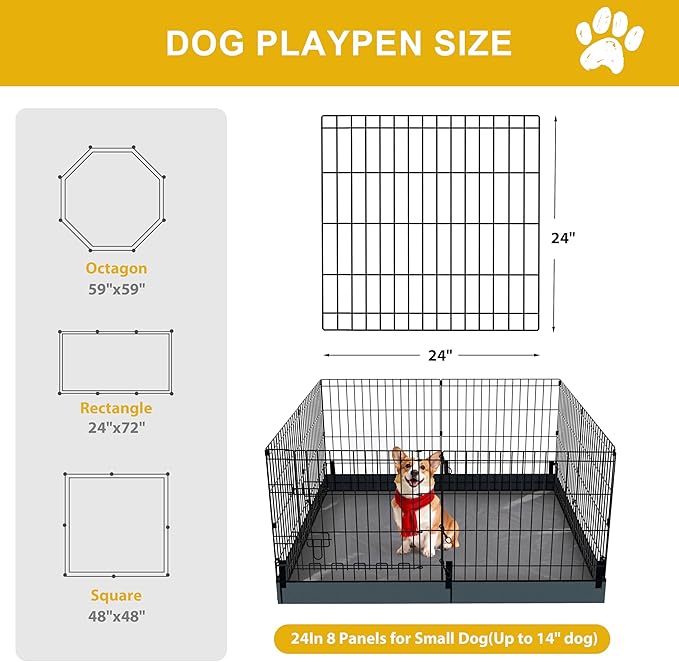 Dog Playpen, Foldable Metal Puppy Play Pen with Bottom Pad, 24x24in 8 Panels Dog Playpen with Door for Indoor Outdoor, Heavy-Duty Pet Exercise Fence for Small Medium Animals