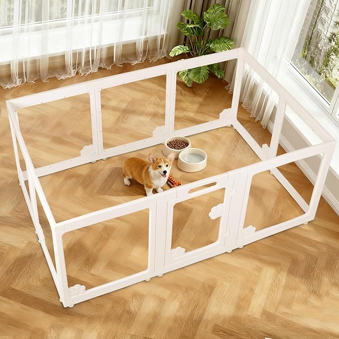 Clear Acrylic Dog Playpen Indoor with Door - Easy to Assemble Foldable Pet Playpen for Small Dogs, Cats, Rabbits, Ferrets - Small Animal Whelping Crate Kennel Fence