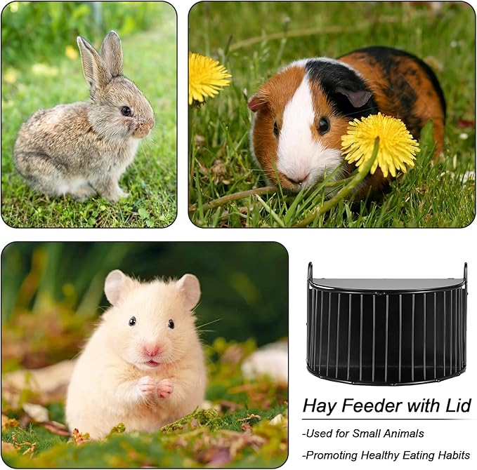 Upgraded Hay Rack for Rabbits, Bunny Feeder for Guinea Pigs Chinchillas, Black, Hanging Hay Feeder with Lid, Bunny Feeding Holder, Metal, Semicircular, Chinchilla Cage Accessories