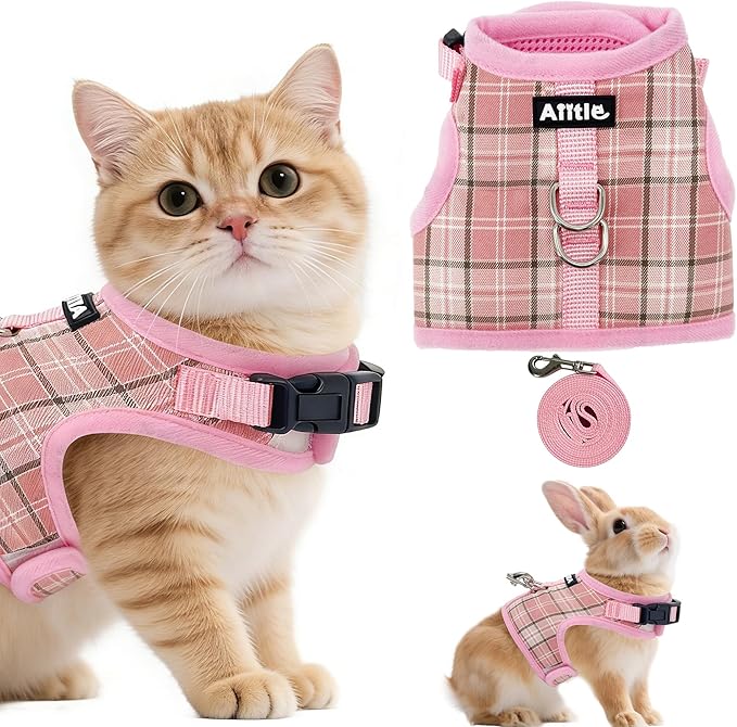 AIITLE Adjustable Bunny Harness & Leash Set - Soft Mesh Liner, Comfort Fit Plaid Pattern Vest with Magic Tape Design, Portable for Small Animal Pets Puppy Cat Rat Squirrel Ferret, Pink L