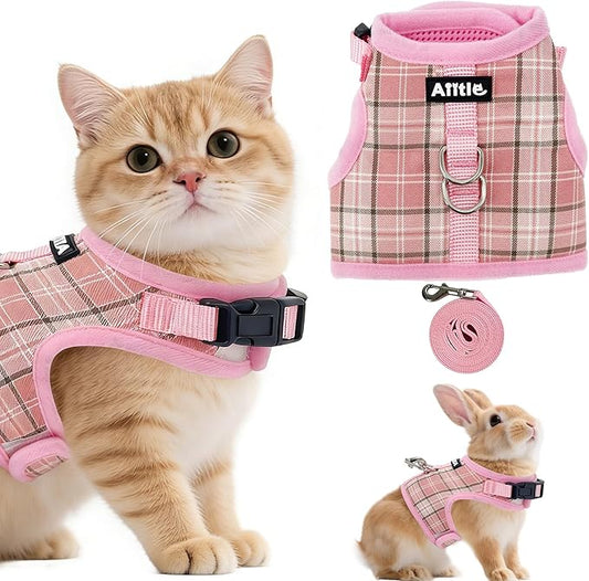 AIITLE Adjustable Bunny Harness & Leash Set - Soft Mesh Liner, Comfort Fit Plaid Pattern Vest with Magic Tape Design, Portable for Small Animal Pets Puppy Cat Rat Squirrel Ferret, Pink L