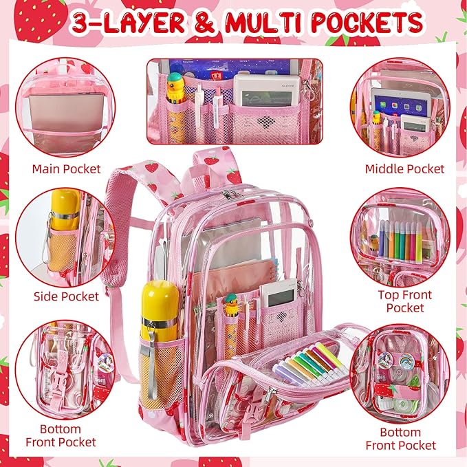Clear Backpack for Kids, Strawberry Backpack for Girls, Water-Resistant See Through Bookbag with Chest Strap for Preschool Kindergarten College Travel Stadium Work Concert