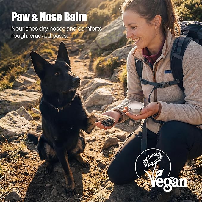 All in One Natural Vegan Dog Paw and Nose Balm, Winter and Summer Paw Protection from Snow, Ice, Salt and Hot Pavement, Moisturizes and Repairs Dry, Cracked Paws, Lick Safe, 2.0 oz,
