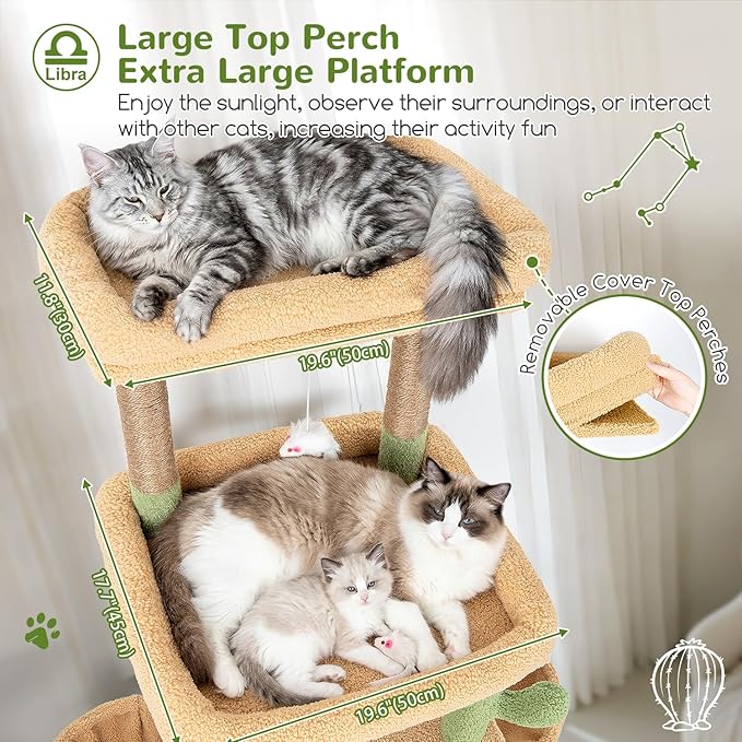 Globlazer Heavy Duty Cat Tree 78 inch Sturdy Cactus Cat Tower for 20lbs Large Adult Cats, Symmetrical Aesthetic Big Cactus Cat Tree with Extra Large Platform, 2 Scratching Boards, Z78, Green