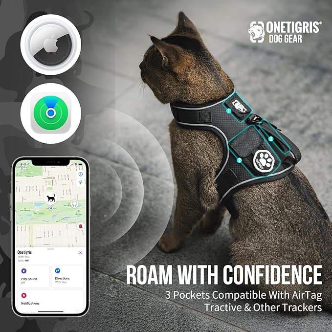 OneTigris Cat Harness and Leash - Escape Proof Soft Adjustable Cat Harness, Breathable, Comfortable, Durable Water-Resistant Tactical Vest with Reflective Strips and Pocket for Cat Tracker