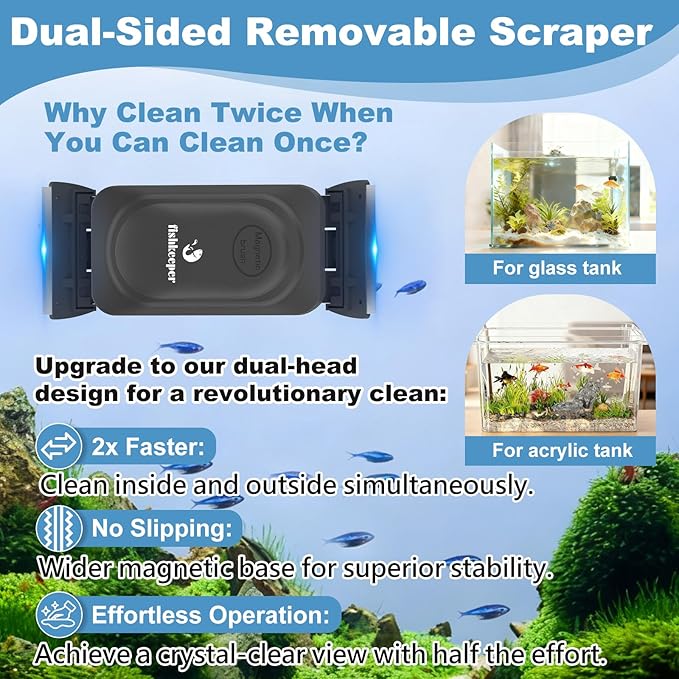 fishkeeper Magnetic Aquarium Glass Cleaner, Dual-Blades Algae Fish Tank Glass Cleaner Brush for 0.2-0.4 Inch Thick Glass Aquariums Tank, Self-Floating Scrubber Brush with 4 Detachable Scraper (M)