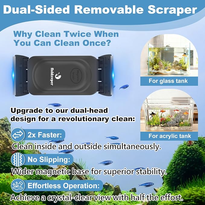 fishkeeper Dual-Blades Magnetic Aquarium Glass Cleaner with 4 Algae Scraper | 2-In-1 Floating Scrubber, Double Side Magnetic Fish Tank Cleaner for 0.4-0.6 Inch Thick Glass & Acrylic Aquarium Tanks (L)