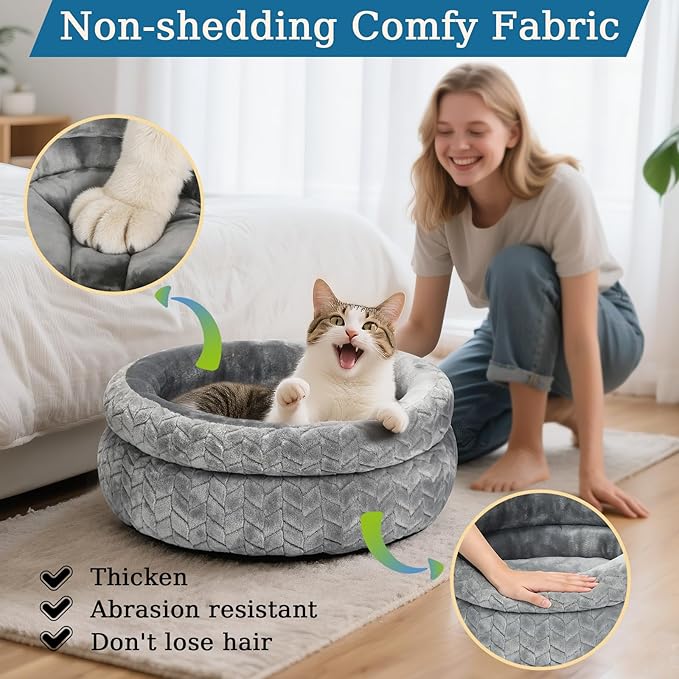 Dual-Layer Donut Cat Bed - Fluffy Round Bed for Small Pets - Ultra-Soft Cat Donut Bed for Cozy Sleep (Grey, 20 * 20 * 5.9 inch / 50 * 50 * 15 cm)
