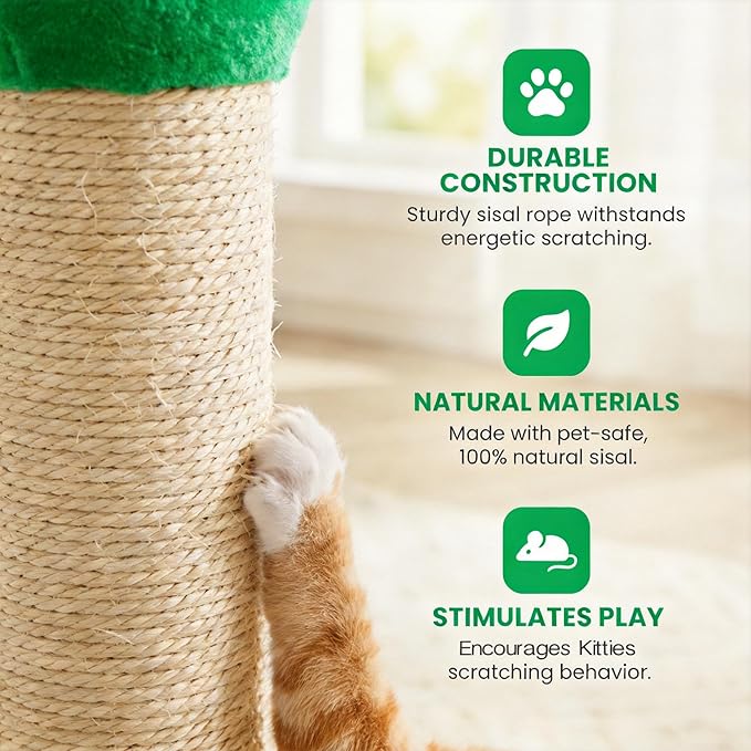 Cat Scratching Post 22'', Scratching Post with Extra Wide 12" Heavy Duty Base for Indoor Kitty, Scratching Post with Natural Sisal & Velvet Fabric for Small, Medium Cat, Green