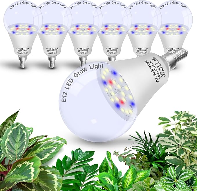 Full Spectrum Grow Light Bulbs for Indoor Plants E12 Candelabra Base | Grow LED Light Bulb 10W with Balanced Spectrum 5000K Blue Red for Seeds Greens Laboratory,School,Greenhouse Garden,6Pcs