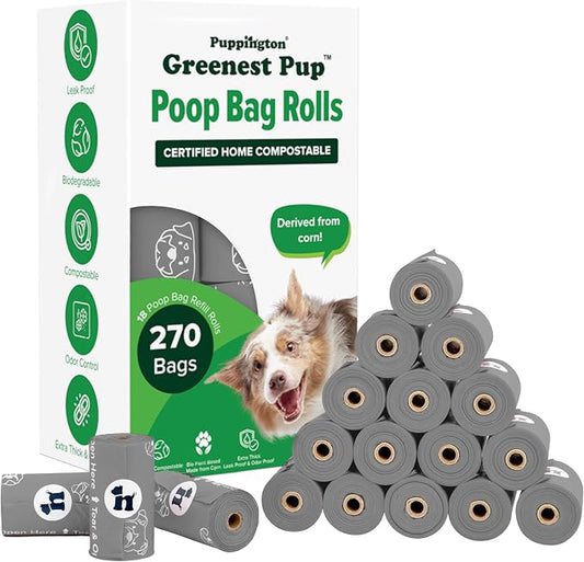 Puppington Certified Home Compostable Poop Bags - ASTM D6400 Compliant - 270 Extra Thick Bags - Plant Based - Pairs with Puppington 3-in-1 Bag & Fits all Standard Poop Bag Dispensers (Charcoal Gray)