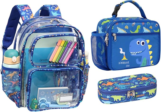 Bagseri 3pcs Clear Backpack for Boys - 15 Inch School Bag Set with Lunch Box and Pencil Case, Heavy Duty Transparent Bookbag for Kindergarten to Grade 2, Blue Dinosaur