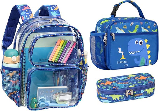 Bagseri 3pcs Clear Backpack for Boys - 15 Inch School Bag Set with Lunch Box and Pencil Case, Heavy Duty Transparent Bookbag for Kindergarten to Grade 2, Blue Dinosaur