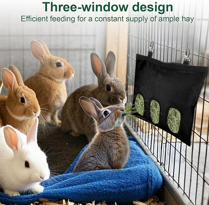 2 Pcs Rabbit Hay Feeder,Guinea Pig Hay Feeder,13×10.8 Inch Guinea Pig Bag,Small Animal Feeding Bag for Rabbits, Hamsters, Hedgehogs (3 Holes,Black)