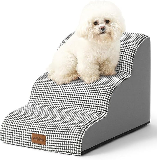 COZY KISS Dog Stairs for Small Dogs 15.7" H, Curved Dog Step for Puppy, Older Cat, Medium Pet Ramp for Sofa, Couch or Chair, Ladder with High Density Foam, 3 Step, 15.7x22.4x15.7 inch, White Black