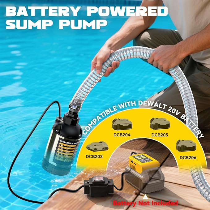 Ecarke Cordless Submersible Water Pump Compatible with Dewalt 20V Battery, 1268GPH Brushless High Flow Sump Pump with 6.5ft Hose, Portable Electric Water Pump for Swimming Pool Draining (Tool Only)