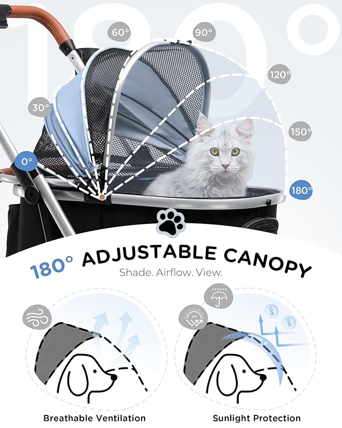 GTPLAYER Pet Stroller for Small Dogs & Cats, 3-in-1 Foldable Pet Stroller with Detachable Carrier, 360° Swivel Front Wheels & Rear Brakes, Up to 45 lbs, Light Blue