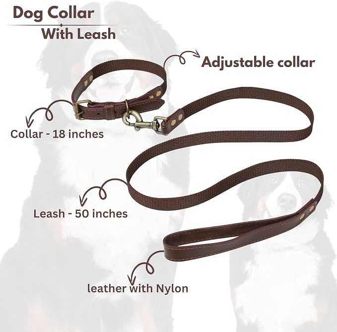 Lightnpro Heavy Duty Dog Collar and Leash Set - Adjustable Leather Dog Collar with Strong Metal Buckle & Durable Lead - Training & Walking Set for Large Dogs, German Shepherd, Great Dane, St. Bernard