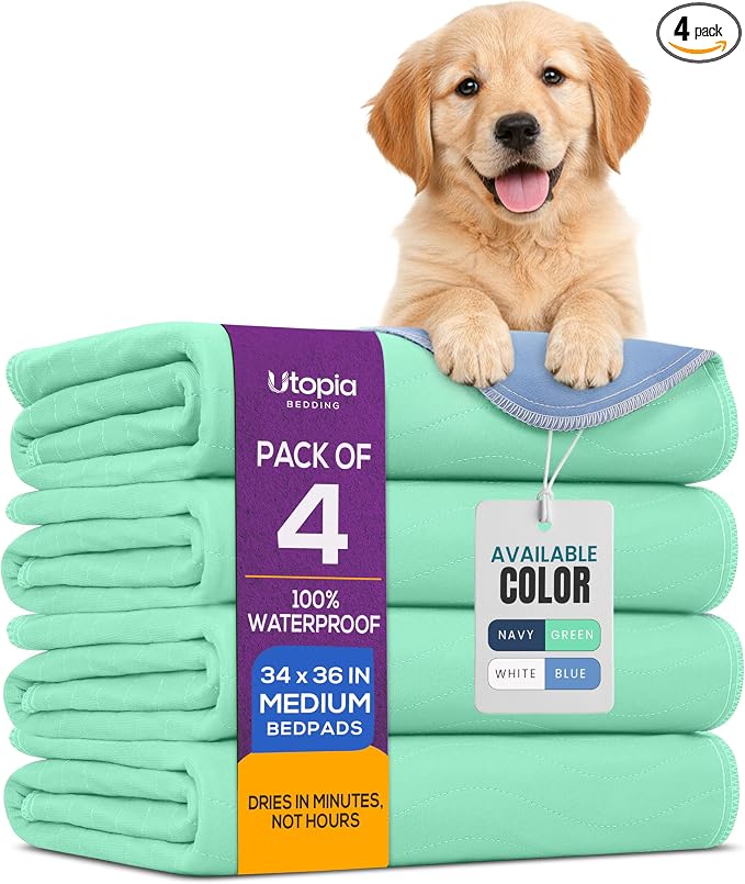 Utopia Bedding Washable Pee Pads for Dogs 34" x 36" (Pack of 4), Waterproof Incontinence Bed Pads for Adults, Elderly and Kids, Heavy Absorbency Pet Training Pads for Sofa and Couch (Green, Blue)