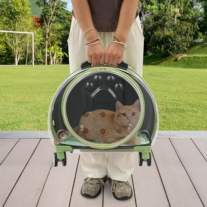 Cat Backpack Carrier, Transparent & Breathable Cat Carrier with Wheels, Large Space Bubble Pet Backpack for Kitty Dog Bunny Up to 20lbs, Multiple Carrying Options, Perfect for Traveling/Taking a Walk