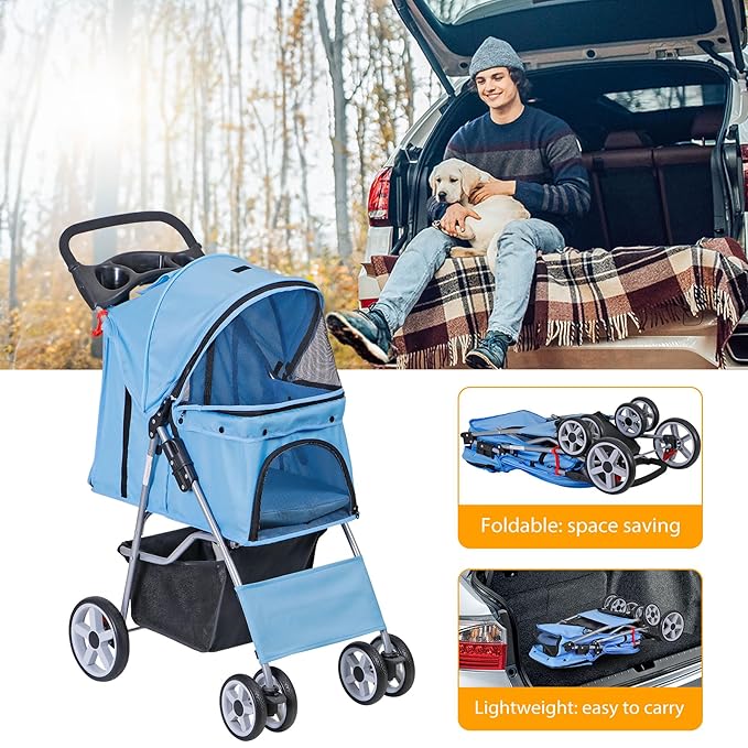4 Wheels Dog Stroller Folding Pet Strolling Cart for Small Medium Cats Puppies Portable Jogger Travel Camping Puppy Carrier with Storage Basket Cup Holder, Blue