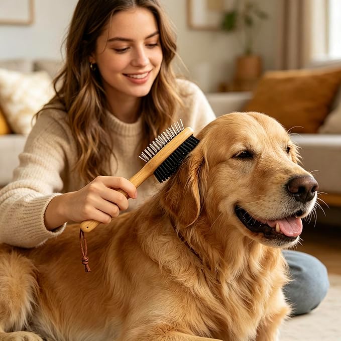 Double Sided Pet Slicker Brush with Bamboo Handle for Dogs and Cats, Grooming Comb for Shedding, Tangles, and Dead Undercoat