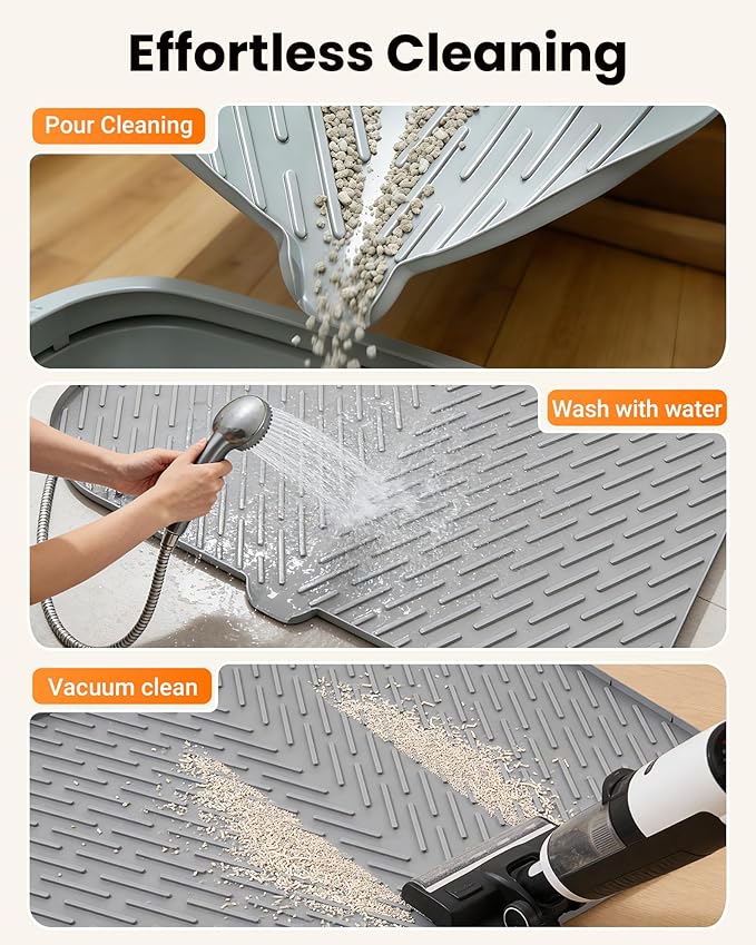 Cat Litter Box Mat, 47" x 37" Extra Large Cat Litter Mat, Silicone Waterproof Litter Trapping Mat for Scatter Control Soft on Kitty Paws Non-Slip Easy to Clean（Grey)