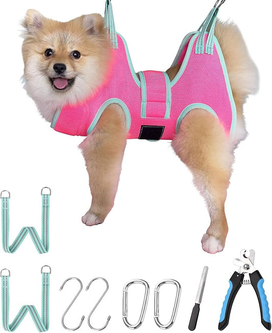 Kkiimatt Dog Grooming Hammock,XS Pink Hanging Harness Holder for Nail Clipping/Trimming,Grooming Sling Hanger with Thick Fabric Neck Support,Strap Restraint for Claw Care