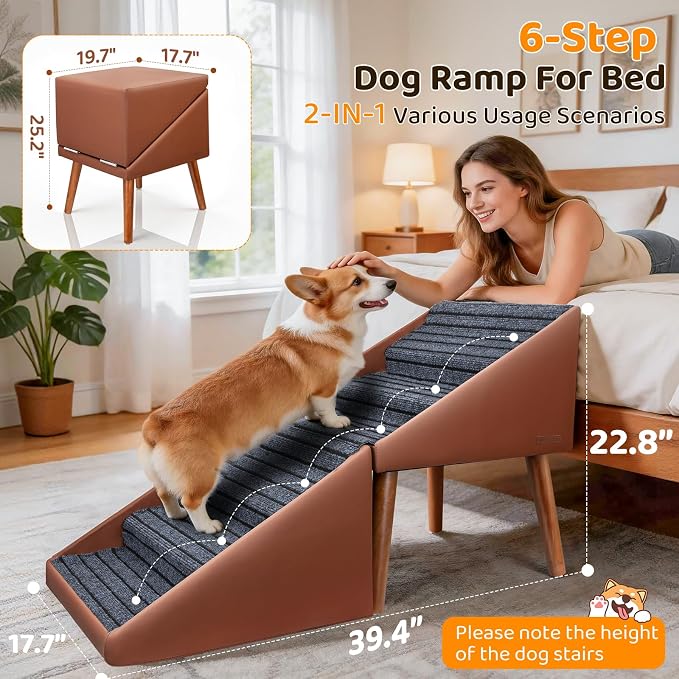 Dog Stairs & Ramp for High Bed and Couch, 22.8" 6-Step Foldable Split Ottoman Pet Steps, Non-Slip Joint Relief for Small/Medium/Large Dogs, Senior & Injured Pets, Converts to Bedside Footstool