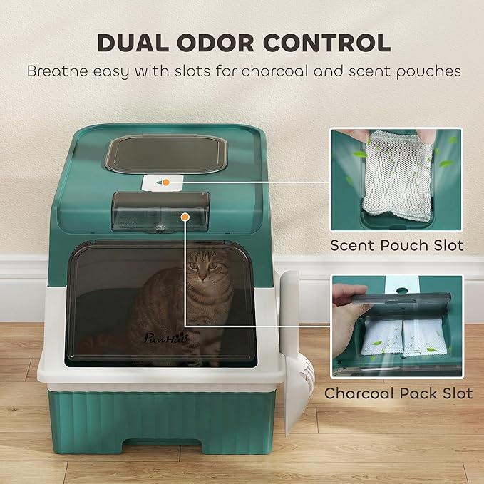 PawHut Cat Litter Box with Lid, Hooded Cat Litter Box with Pull-Out Drawer Tray, Scoop, Front Entry & Top Exit, 4 Deodorization Bags, Easy to Clean, Teal