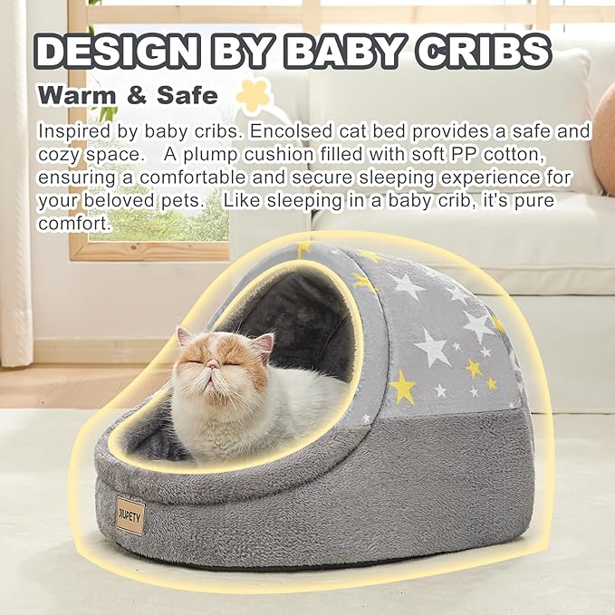 Jiupety Cute Cat Beds for Indoor Cats, Cat Cave Bed for Kittens, Large Cat Cave and Covered Cat Bed with Anti-Slip Bottom, Washable Removable Cushion, M(16"x16"x13"), Gray Star