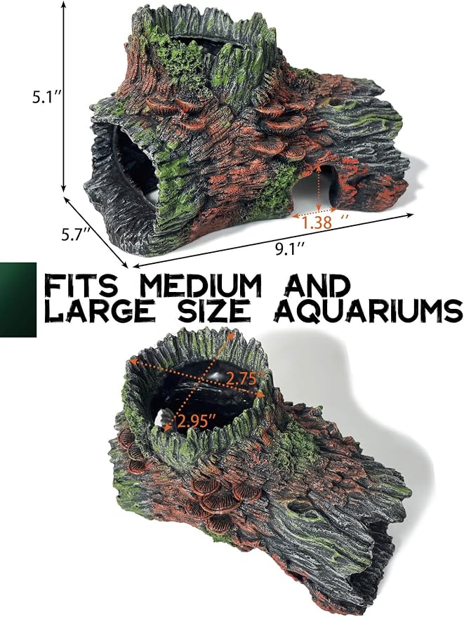 Aquarium Decor - Large Hollow Bark Hiding Cave,Resin Reptile Hideout for Bearded Dragons,Fish Tank Hideout with Realistic Scales Texture, Lizard,Gecko,Turtle, Snake,Beta Fish,Plecos Aquatic Pet