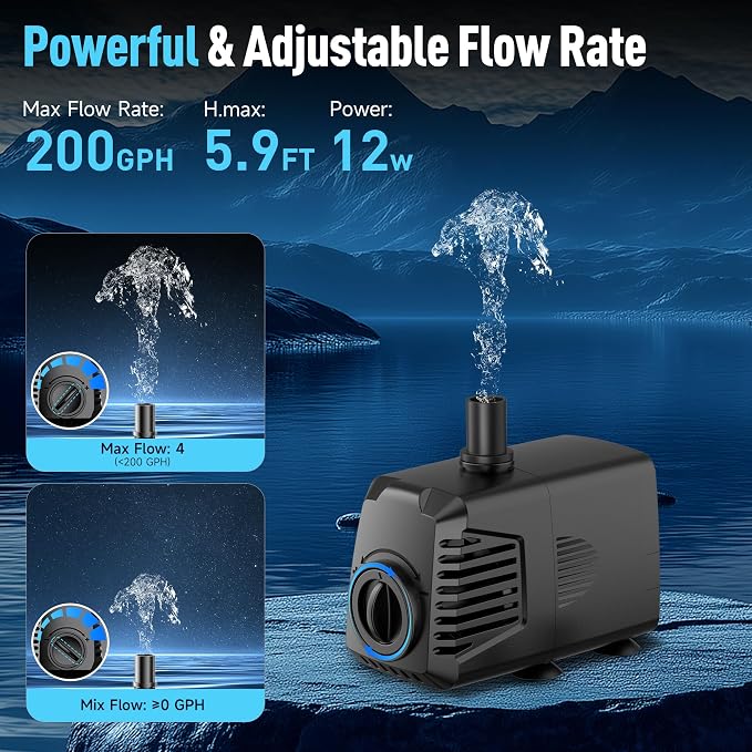 200GPH Submersible Water Pump, Water Fountain (700L/H, 12W) with 5.9FT High Lift Adjustable & 3 Nozzles & 9.8FT Cord, Ultra Quiet Aquarium Pump for Pond Fountain Waterfall Hydroponics-Q102