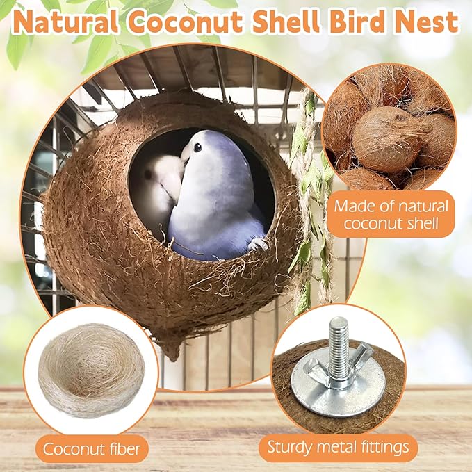 Coconut Bird Nest for Cage Natural Coconut Shell Birds House 2 Pack Parakeet Small Coconut Hide Breeding Hut Bird Cage Accessories for Parrot Lovebirds Budgies Cockatiel Conure Finch Canary