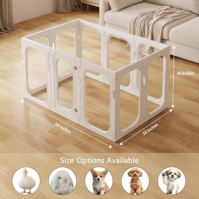 Acrylic Clear Dog Playpen Indoor with Door, 26'' H Transparent Dog Play Pen for Small Dogs, No-Connector Modular Puppy Playpen with Integrated Suction Cups Base, 10 Panels, White