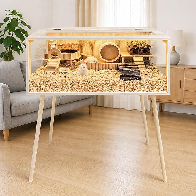PROLEE Hamster Cage Wooden Chew Proof, Extra Large Mice and Rat Habitat Openable Top with Acrylic Sheets Solid Built Small Animal Cage with Leg Stands, 48 Inch Long