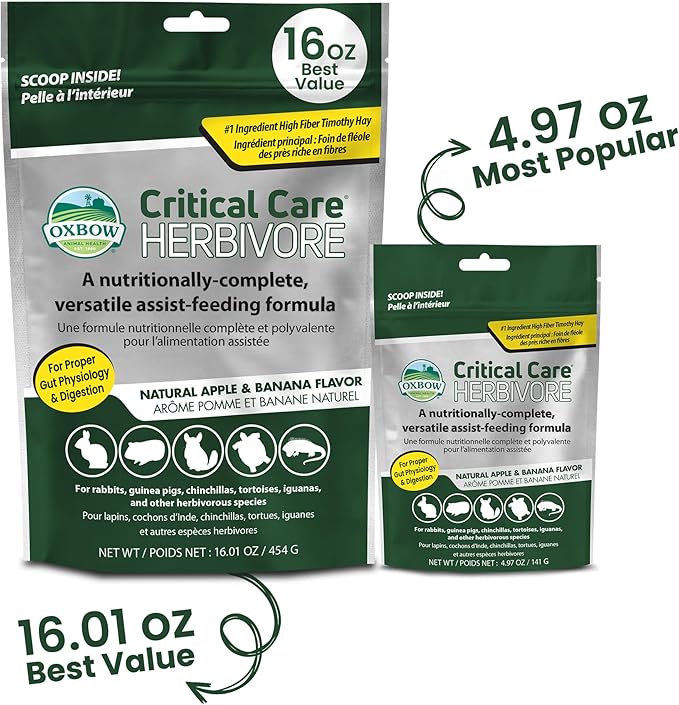 Oxbow Critical Care Herbivore Assist Feeding Formula for Rabbits & Guinea Pigs, High Fiber Timothy Hay Recovery Food, Natural Apple Banana Flavor, Vet Recommended Emergency Nutrition, 141g 3 Pack