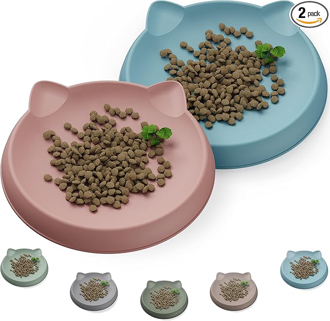 Cat Bowls for Indoor Gentle Small Kitten (2pcs, Soft Silicone) Shallow Wide Plates Feeder Whisker Fatigue Relief Cute Pet Kitty Food Water Dishes Set Anti Slip, Dishwasher Safe