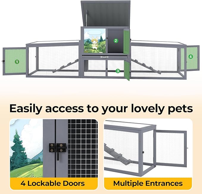 COZIWOW 95inches Extra Large Wood Rabbit Hutch Outdoor Easy to Assemble and Stable Bunny Cage Indoor with Cleaning Tray & Waterproof Roof for Small and Medium Bunny Rabbit Chick（Grey with Pattern）