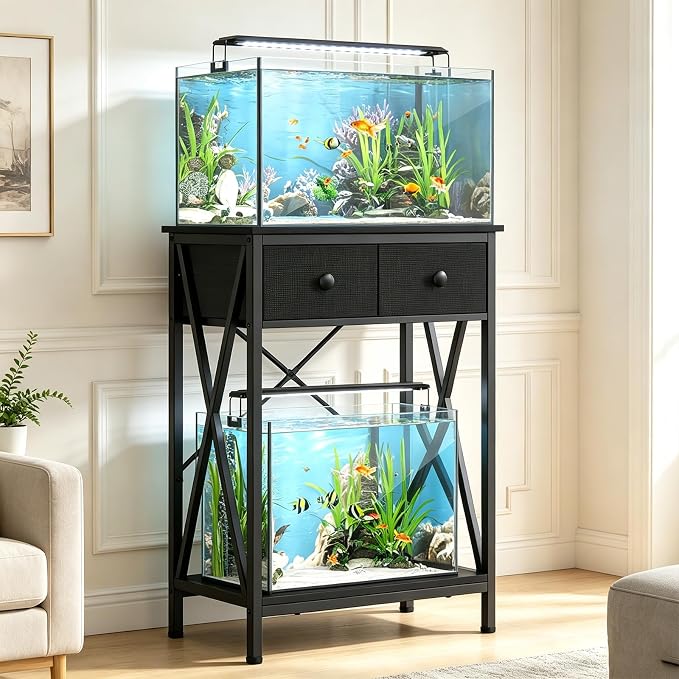 Fish Tank Stand with Drawer, 5-10 Gallon Aquarium Stand Easy Assemble | Stable Metal Frame, 2-Tier Breeder Reptile Turtle Terrarium Table Fits Office Home, 19.4"x11" MDF Tabletop, 220 lbs Capacity